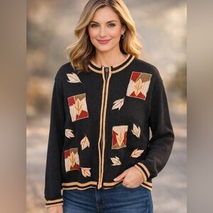 All Points Leaf Appliqué Zip Cardigan Sweater XL